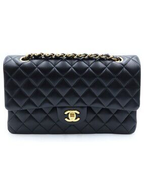 Chanel Quilted 25 Double Flap Chain Shoulder Bag Lambskin Gold Black Plate